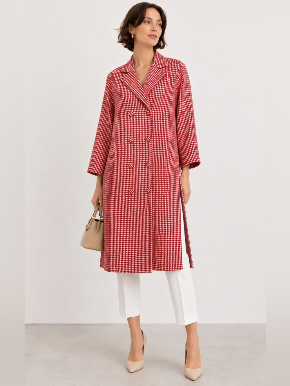 VINTAGE | Pink cream houndstooth checked Pull over Double-Breasted Jacket Dress